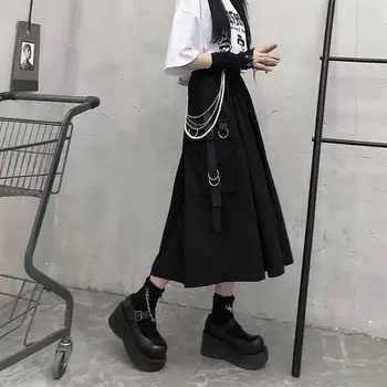 Высокая талия грузов женщина юбки Харадзюку хороший свободный А-образный карман миди длинная черная юбка хип-хоп мода уличная негабаритных