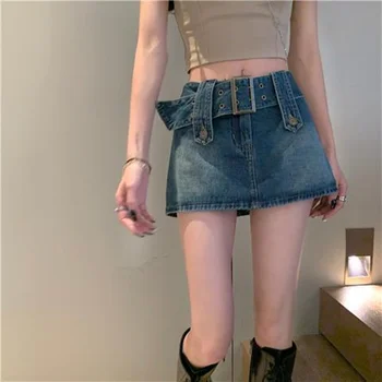 Весенне-летняя Джинсовая юбка Y2K Design с высокой талией, Женская короткая юбка-трапеция Большого размера, узкие Брюки с поясом