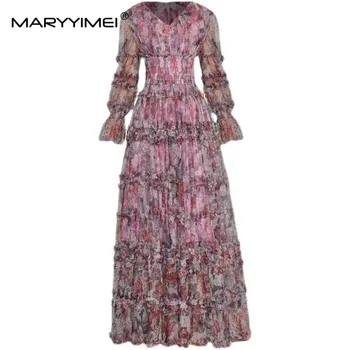MARYYIMEI/ Модное осеннее женское праздничное платье с V-образным вырезом и длинными рукавами, эластичный пояс, сетчатый принт, рюши по краю, длинные платья