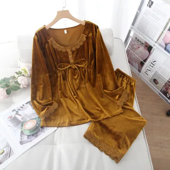 Золотистая бархатная пижама из 2 предметов для женщин, осень и зима, Однотонная Кружевная Сексуальная теплая домашняя одежда, Корейский модный Пижамный костюм