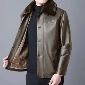 Зимняя кожаная куртка с меховым воротником, мужская пуговица, искусственная кожа, мужские большие размеры, свободные, плюс толстый бархат, мужская кожаная куртка, пальто, бренд
