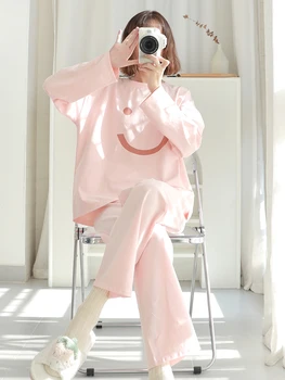 Женская пижама в студенческом стиле ins, весенне-осенние розовые мультяшные милые брюки с длинными рукавами, костюм большого размера, домашняя одежда