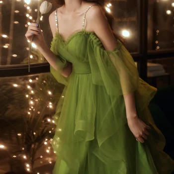 Новое Милое Элегантное Зеленое Платье Женское Подиумное С Рюшами До середины Икры Леди Принцесса Банкетное Роскошное Благородное Бальное Платье 2023 Новая Мода