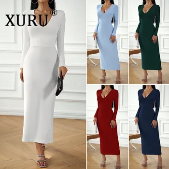 XURU Недавно выпустила осеннее сексуальное платье с V-образным вырезом, обертывающее ягодицы, с длинными рукавами