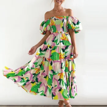 Модное плиссированное пляжное платье с пышными рукавами, Милые Свежие Летние Свободные женские Длинные платья, Сексуальное Открытое платье в стиле Бохе с открытыми плечами и принтом