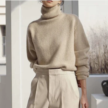 2022 осень/зима, новый стиль, кашемировый трендовый женский свитер с высоким воротом, мягкая вязка, базовый пуловер с круглым вырезом, свободный теплый женский трикотаж
