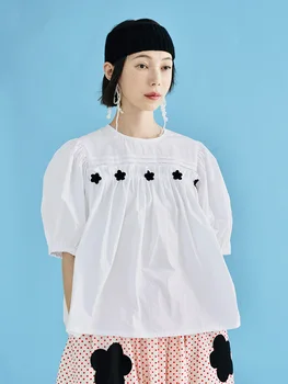 imakokoni оригинальный летний хлопчатобумажный пуловер с цветочным узором 2022, рубашка, белые свободные топы, пуловер с круглым вырезом и коротким рукавом, 223700