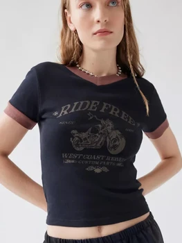 Супер шикарная хлопковая высокоэластичная женская футболка с графическим рисунком и воротником в форме сердца, короткий тонкий эластичный удобный топ для женщин