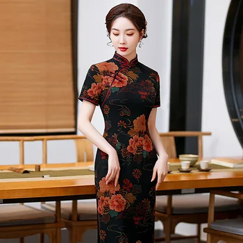 2023 Весна и осень, Новый Улучшенный китайский стиль, Элегантное Женское вечернее платье Ципао с разрезом средней длины
