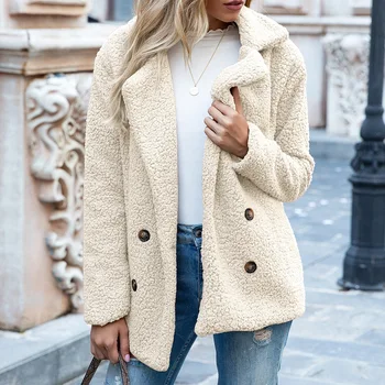 Новое осенне-зимнее флисовое пальто, женские однотонные Свободные кашемировые куртки с отворотом для женщин