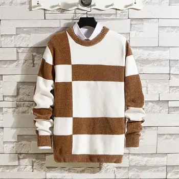 Пуловер, свитер, вязаные мужские зимние свитера с цветными блоками, толстые мягкие стильные пуловеры для комфорта на открытом воздухе, приталенный свитер