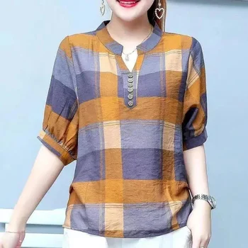 Женская летняя блузка в клетку размера плюс YIHUA с V-образным вырезом, свободная рубашка с короткими рукавами