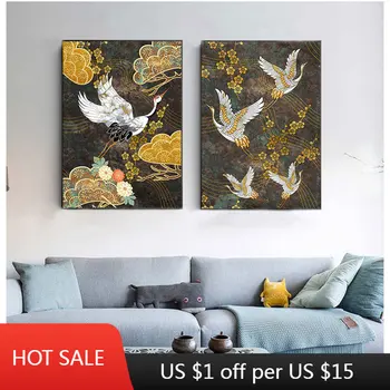 Картина на холсте с животными в Древнем китайском стиле, Золотые Цветы, Журавль, Абстрактный декоративный Плакат на стену, Эстетичный Декор комнаты