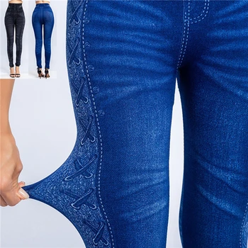 Женские джинсовые леггинсы с имитацией потертого денима, повседневные тонкие эластичные брюки-карандаш с высокой талией, модные брюки для фитнеса