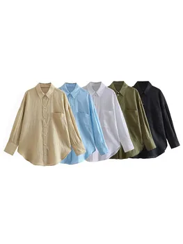 DUOPERI Женская мода с карманом, однобортная блузка, Винтажный вырез с лацканами, Длинные рукава, Женские шикарные рубашки для леди