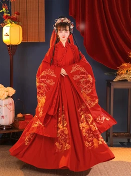 Китайское Традиционное Свадебное Платье для Женщин, Винтажная Красная Рубашка с Большим Рукавом для Жениха и Невесты, Оригинальный Костюм, Платье Феи