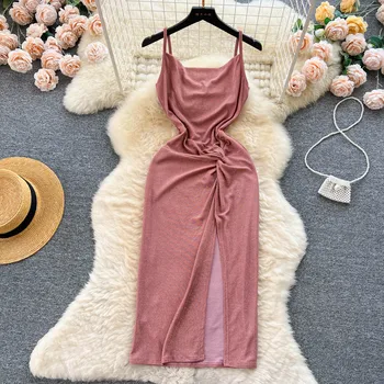 Новое летнее женское платье на бретельках, розовая юбка с разрезом на талии и запахом от бедер